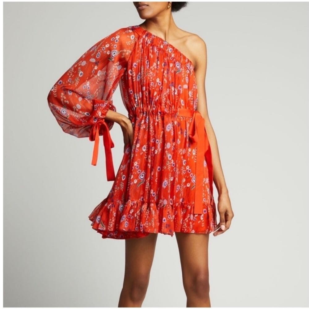 Alexis Edyta One Shoulder Red Bouquet Floral Chiffon Tie Waist Mini Dress Small